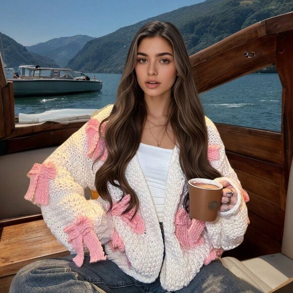 Shabby Chic Cute Women's bow detailed Soft Chunky Knit open front Cardigan - Picture 8 of 10